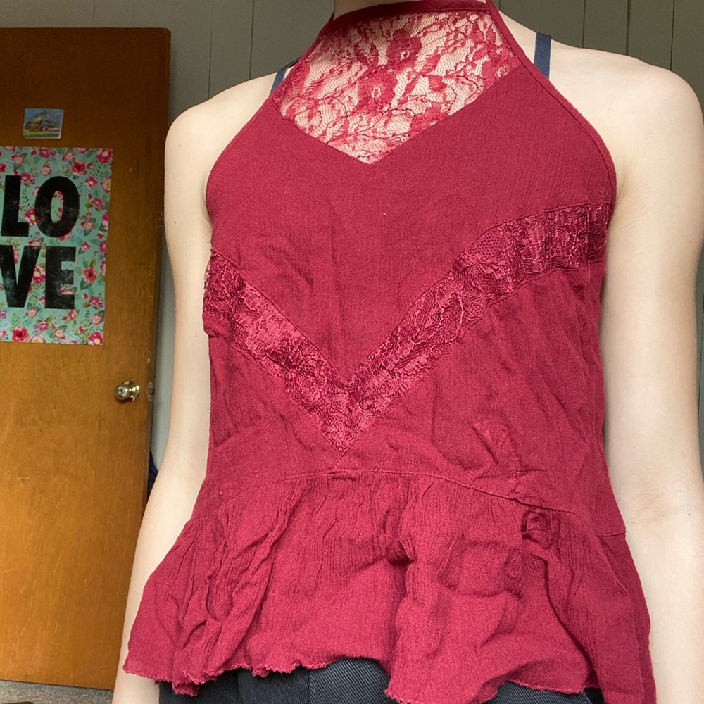 Maroon high neck lace halter